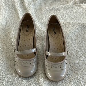 Taupe Mary Jane patent heels